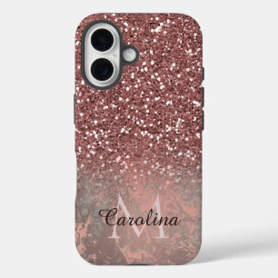 バラ金ゴールドピンクグリッター、グレー大理石パーソナライズされた、 iPhone 16ケース