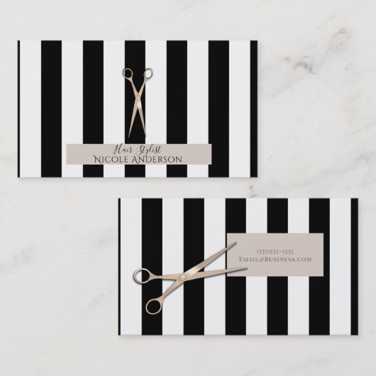 バラ金ゴールドピンクシザーズブラックストライプ美容師 名刺 (正面/裏面)