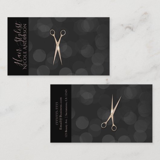 バラ金ゴールドピンクシザーズブラックミニマル美容師 名刺 (正面/裏面)