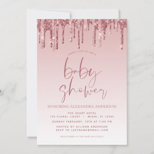 バラ金ゴールドピンクスパークルグリッターベビーシャワー 招待状 (正面)