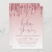バラ金ゴールドピンクスパークルグリッターベビーシャワー 招待状 (正面/裏面)