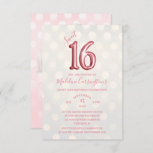 バラ金ゴールドピンクスパークルスウィート16誕生日写真 招待状 (正面/裏面)