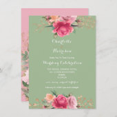 バラ金ゴールドピンクセージグリーンフローラ結婚ズ 招待状 (正面/裏面)