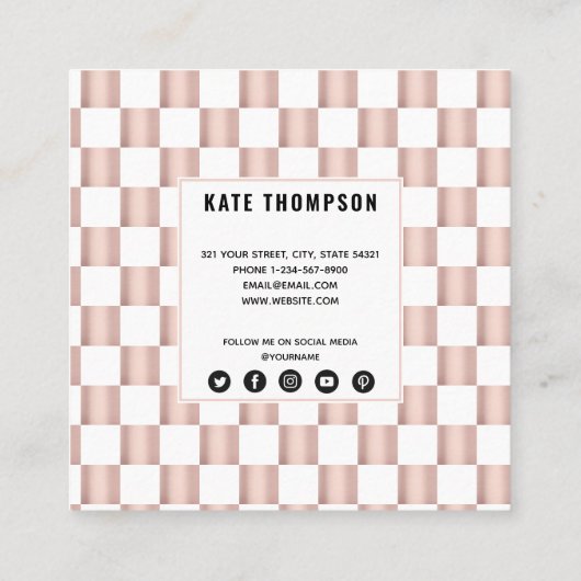 バラ金ゴールドピンクチェッカーボードパターンソーシャルメディア スクエア名刺 (裏面)