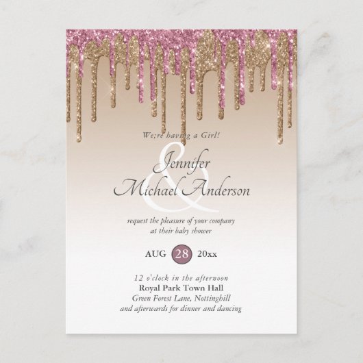バラ金ゴールドピンクドリッピンググリッターベビーガールシャワー ポストカード (正面)