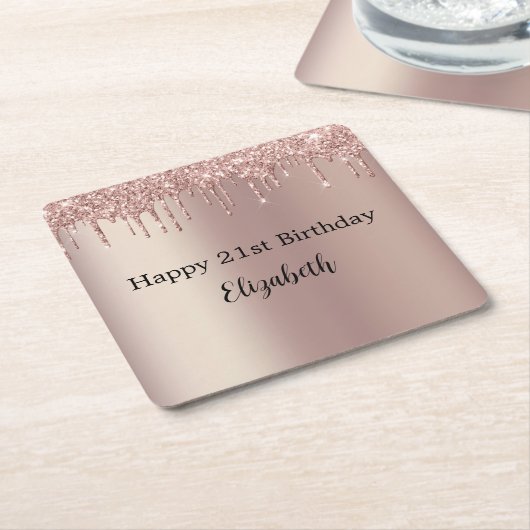 バラ金ゴールドピンクドリッピンググリッター21歳の誕生日 スクエアペーパーコースター (アングル)