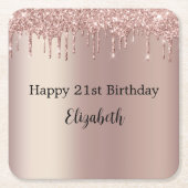 バラ金ゴールドピンクドリッピンググリッター21歳の誕生日 スクエアペーパーコースター (正面)