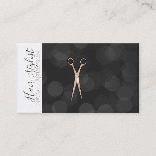 バラ金ゴールドピンクハサミ白黒美容師 名刺 (正面)
