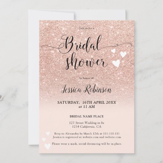 バラ金ゴールドピンクハートスクリプトシックブライダルシャワー 招待状 (正面)