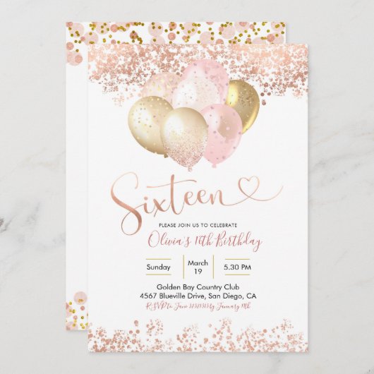 バラ金ゴールドピンクバルーン16歳の誕生日パーティー 招待状 (正面/裏面)