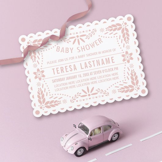 バラ金ゴールドピンクパペルピカドホワイトベビーガールシャワー 招待状