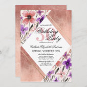 バラ金ゴールドピンクパープルフラワーウォーターカラー誕生日 招待状 (正面/裏面)