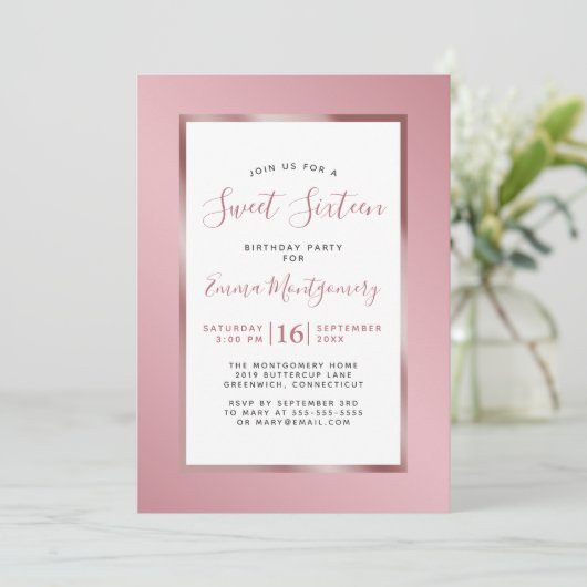 バラ金ゴールドピンクフォイルフレームスウィート16誕生日パーティー 招待状 (スタンド正面)