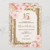 バラ金ゴールドピンクフラワーズ15th誕生日  招待状 (正面/裏面)