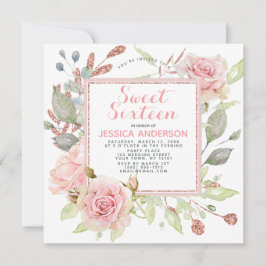 バラ金ゴールドピンクフローラグリッターSweet sixteen 招待状