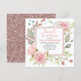 バラ金ゴールドピンクフローラグリッターSweet sixteen 招待状
