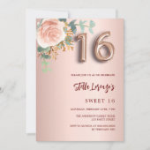 バラ金ゴールドピンクフローラグリーンリースウィート16 招待状 (正面)