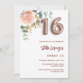 バラ金ゴールドピンクフローラグリーンリースウィート16 招待状 (正面)