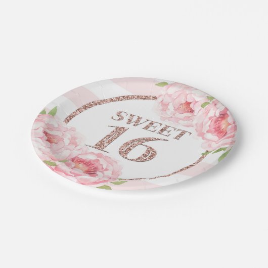 バラ金ゴールドピンクフローラスイート16バースデーパーティー ペーパープレート (アングル)