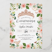 バラ金ゴールドピンクフローラティアラバタフライキンセアニェラ 箔招待状 (正面)