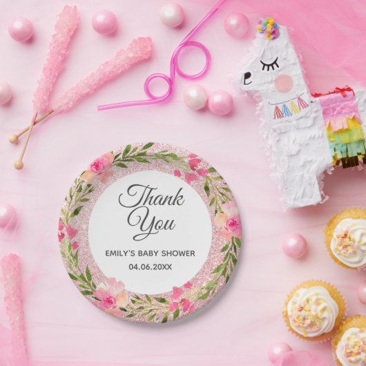 バラ金ゴールドピンクフローラリースサンキューベイビーシャワー ペーパープレート (パーティー)