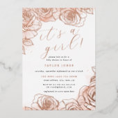 バラ金ゴールドピンクフローラ女の子ベビーシャワー 箔招待状 (正面)