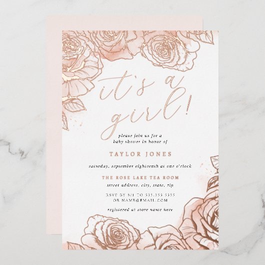 バラ金ゴールドピンクフローラ女の子ベビーシャワー 箔招待状 (正面/裏面)
