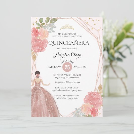 バラ金ゴールドピンクフローラ幾何学写真キンセアニラ 招待状 (スタンド正面)