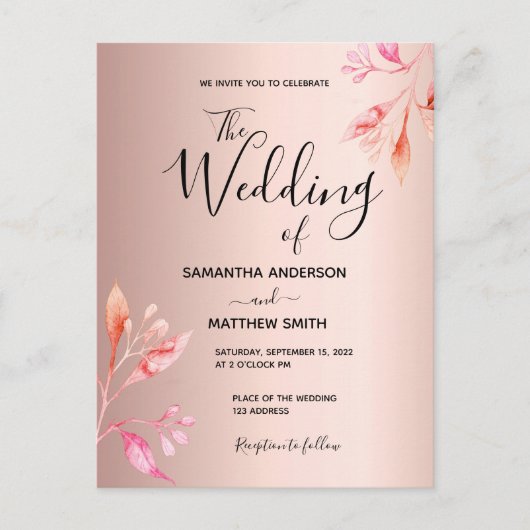 バラ金ゴールドピンクフローラ植物性結婚式招待状 ポストカード (正面)