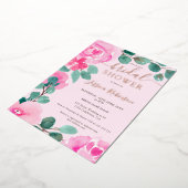 バラ金ゴールドピンクフローラ水彩ブライダルシャワー 箔招待状 (回転した状態)