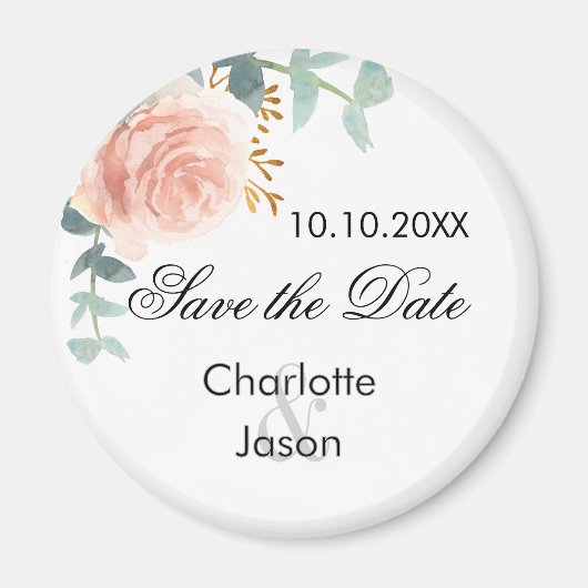 バラ金ゴールドピンクフローラ結婚式の日付を保存 マグネット (正面)