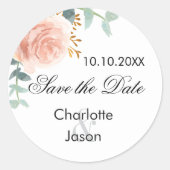 バラ金ゴールドピンクフローラ結婚式の日付を保存 ラウンドシール (正面)