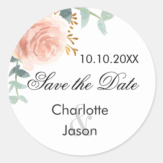 バラ金ゴールドピンクフローラ結婚式の日付を保存 ラウンドシール (正面)