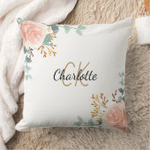 バラ金ゴールドピンクフローラ緑のモノグラム名 クッション (ブランケット)