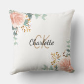 バラ金ゴールドピンクフローラ緑のモノグラム名 クッション (裏面)