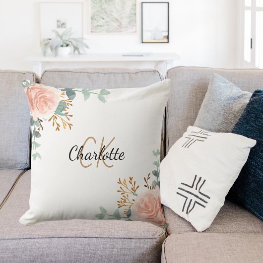 バラ金ゴールドピンクフローラ緑のモノグラム名 クッション