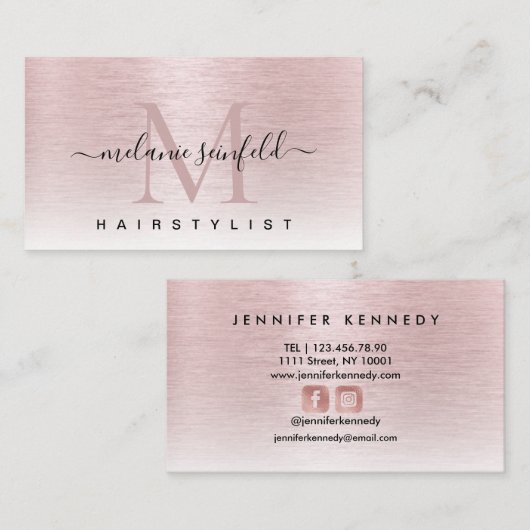 バラ金ゴールドピンクブラシ仕上げ金属モノグラエレガントム 名刺 (正面/裏面)