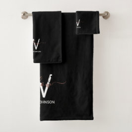 バラ金ゴールドピンクブラックガーリーグリッターダストモノグラム バスタオルセット