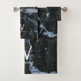 バラ金ゴールドピンクブラックマーブルグリッターダストモノグラム バスタオルセット