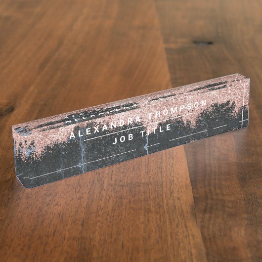 バラ金ゴールドピンクブラックマーブルグリッターダスト デスクネームプレート (側面)