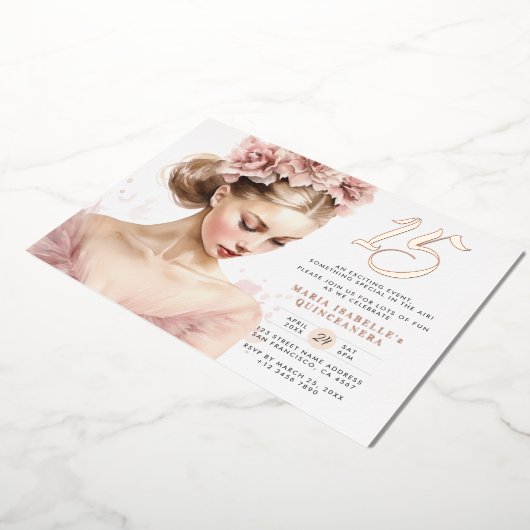 バラ金ゴールドピンクプリンセスキンセアニラバースデーパーティー 箔招待状 (回転した状態)