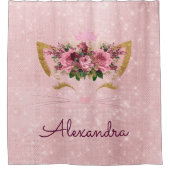 バラ金ゴールドピンクプリンセス子猫とモノグラム シャワーカーテン (正面)