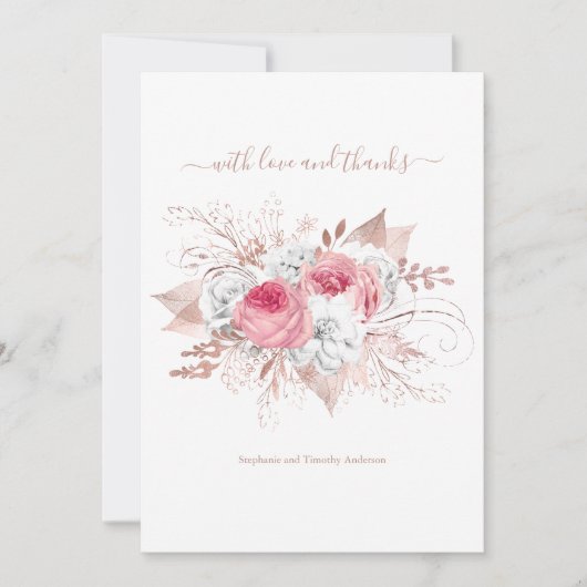 バラ金ゴールドピンクホワイトウォーター色のフローラ結婚ズ サンキューカード (正面)