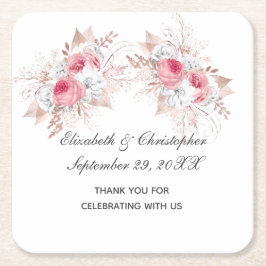 バラ金ゴールドピンクホワイトフローラ結婚トレンディー スクエアペーパーコースター