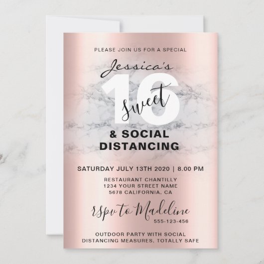 バラ金ゴールドピンクマーブルスイート16誕生日フォトシック 招待状 (裏面)