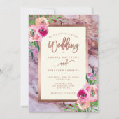 バラ金ゴールドピンクマーブルフローラ結婚式招待状 招待状 (正面)
