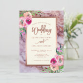 バラ金ゴールドピンクマーブルフローラ結婚式招待状 招待状 (スタンド正面)