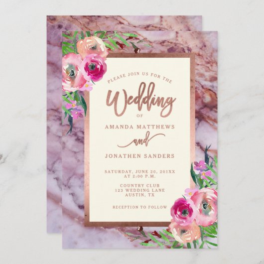 バラ金ゴールドピンクマーブルフローラ結婚式招待状 招待状 (正面/裏面)