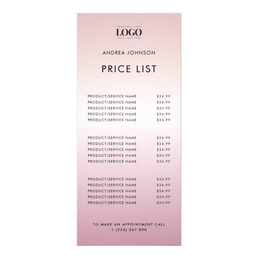 バラ金ゴールドピンクミニマリストロゴサービスの価格表 ラックカード (正面)