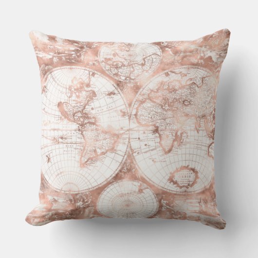 バラ金ゴールドピンクメタルグリッターアンティークワールドマップ クッション (正面)